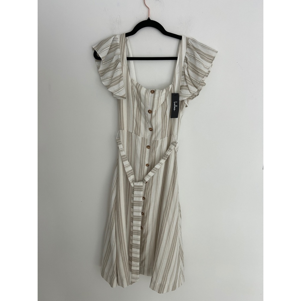 Lulus Striped Flutter Sleeve Midi Dress Tan White Linen Blend XS‎ NEW
